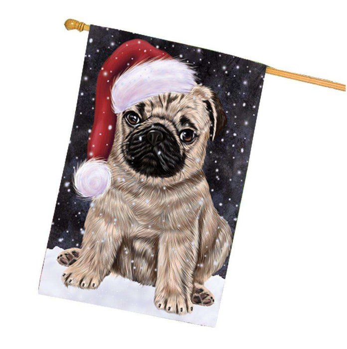 Let it Snow Christmas Holiday Pugs Dog Wearing Santa Hat House Flag
