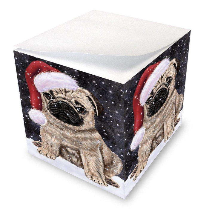 Let it Snow Christmas Holiday Pugs Dog Wearing Santa Hat Note Cube D344