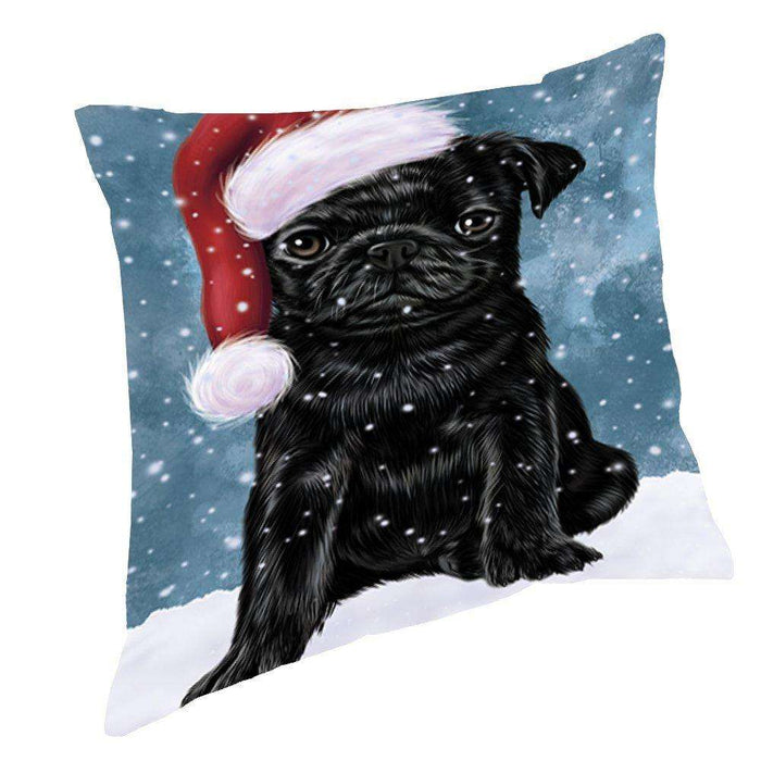 Let it Snow Christmas Holiday Pugs Dog Wearing Santa Hat Throw Pillow