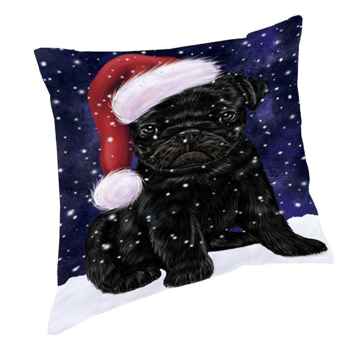 Let it Snow Christmas Holiday Pugs Dog Wearing Santa Hat Throw Pillow