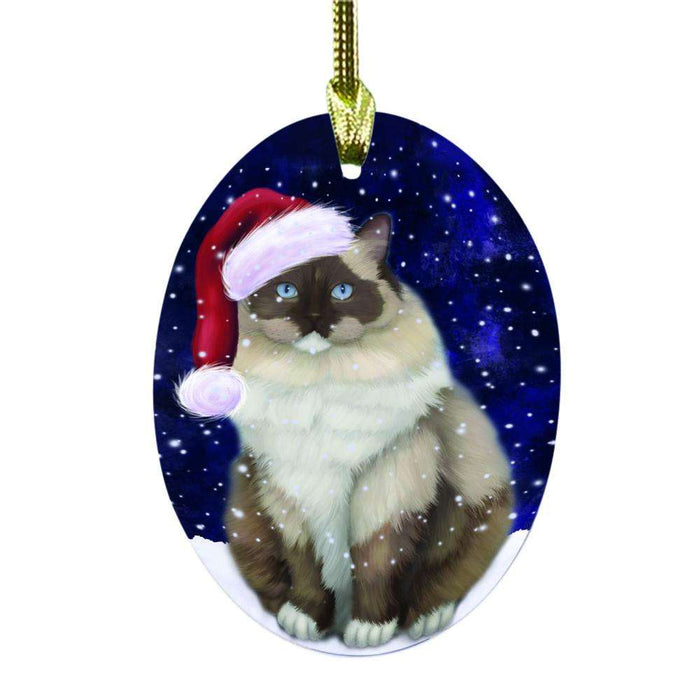 Let it Snow Christmas Holiday Ragdoll Cat Oval Glass Christmas Ornament OGOR48684