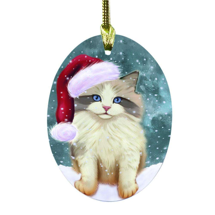 Let it Snow Christmas Holiday Ragdoll Cat Oval Glass Christmas Ornament OGOR48685