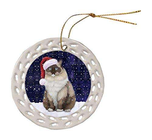 Let it Snow Christmas Holiday Ragdoll Cat Wearing Santa Hat Ceramic Doily Ornament D022