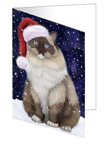 Let it Snow Christmas Holiday Ragdoll Cat Wearing Santa Hat Handmade Artwork Assorted Pets Greeting Cards and Note Cards with Envelopes for All Occasions and Holiday Seasons D336