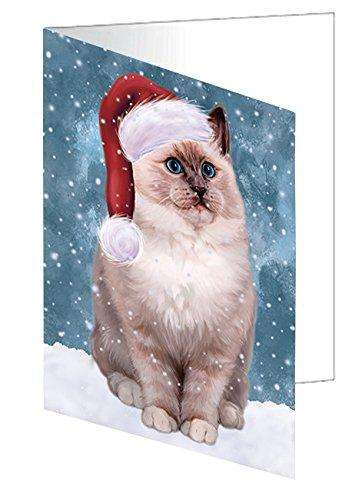 Let it Snow Christmas Holiday Ragdoll Cat Wearing Santa Hat Handmade Artwork Assorted Pets Greeting Cards and Note Cards with Envelopes for All Occasions and Holiday Seasons D443