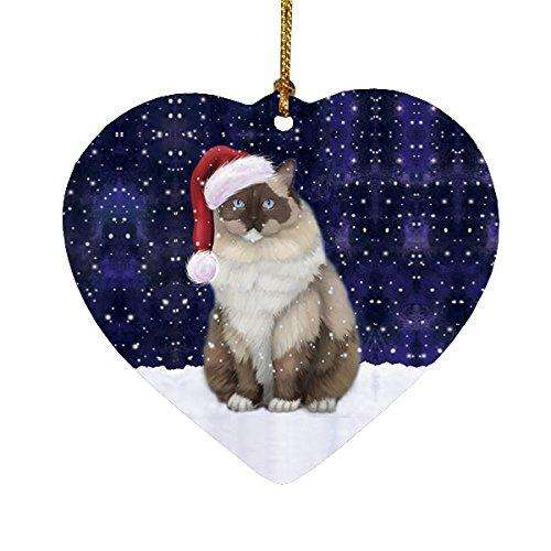 Let it Snow Christmas Holiday Ragdoll Cat Wearing Santa Hat Heart Ornament D230