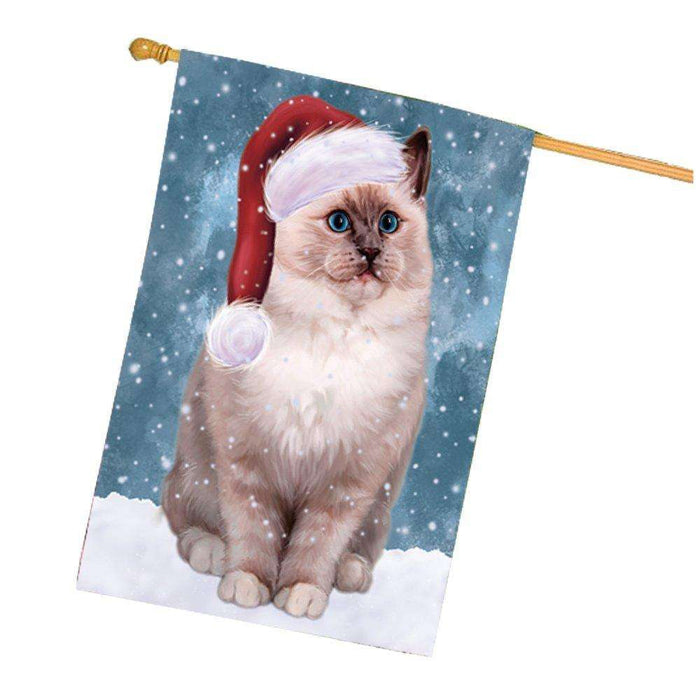 Let it Snow Christmas Holiday Ragdoll Cat Wearing Santa Hat House Flag HF463