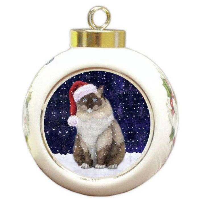 Let it Snow Christmas Holiday Ragdoll Cat Wearing Santa Hat Round Ball Ornament D230