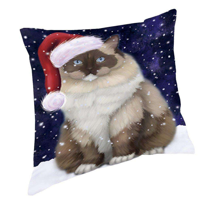 Let it Snow Christmas Holiday Ragdoll Cat Wearing Santa Hat Throw Pillow D388