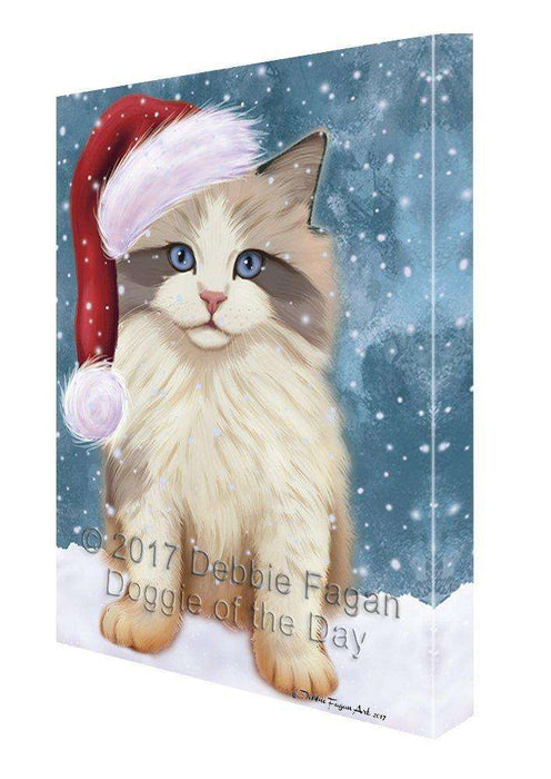 Let it Snow Christmas Holiday Ragdoll Kitten Cat Wearing Santa Hat Canvas Wall Art