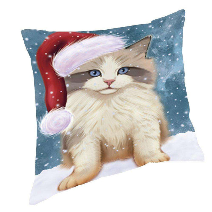 Let it Snow Christmas Holiday Ragdoll Kitten Cat Wearing Santa Hat Throw Pillow D389