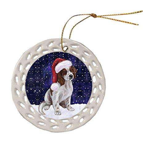 Let it Snow Christmas Holiday Red And White Irish Setter Puppy Dog Wearing Santa Hat Ceramic Doily Ornament D024