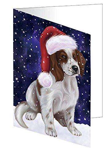 Let it Snow Christmas Holiday Red And White Irish Setter Puppy Dog Wearing Santa Hat Handmade Artwork Assorted Pets Greeting Cards and Note Cards with Envelopes for All Occasions and Holiday Seasons D338