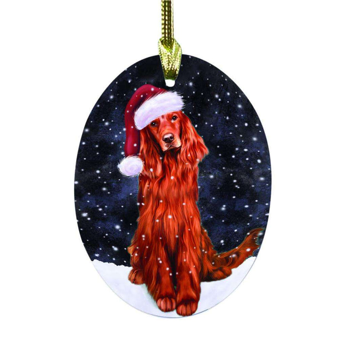 Let it Snow Christmas Holiday Red Irish Setter Dog Oval Glass Christmas Ornament OGOR48687
