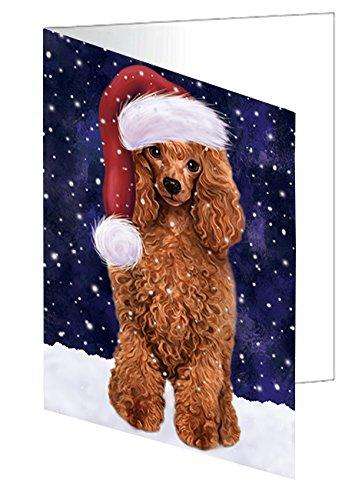 Let it Snow Christmas Holiday Red Poodle Dog Wearing Santa Hat Handmade Artwork Assorted Pets Greeting Cards and Note Cards with Envelopes for All Occasions and Holiday Seasons D447