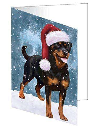 Let it Snow Christmas Holiday Rottweiler Dog Wearing Santa Hat Handmade Artwork Assorted Pets Greeting Cards and Note Cards with Envelopes for All Occasions and Holiday Seasons D340