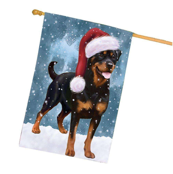 Let it Snow Christmas Holiday Rottweiler Dog Wearing Santa Hat House Flag