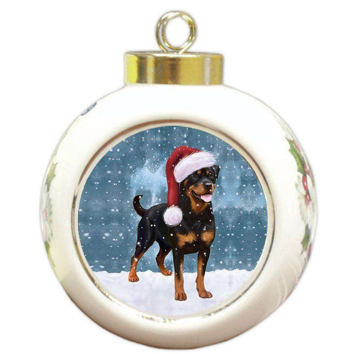 Let it Snow Christmas Holiday Rottweiler Dog Wearing Santa Hat Round Ball Ornament D234