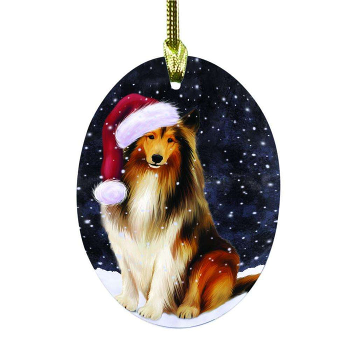Let it Snow Christmas Holiday Rough Collie Dog Oval Glass Christmas Ornament OGOR48699