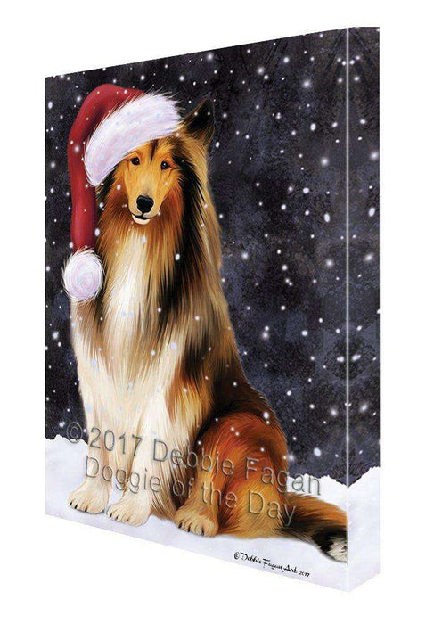 Let it Snow Christmas Holiday Rough Collie Dog Wearing Santa Hat Canvas Wall Art