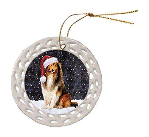 Let it Snow Christmas Holiday Rough Collie Dog Wearing Santa Hat Ceramic Doily Ornament D027