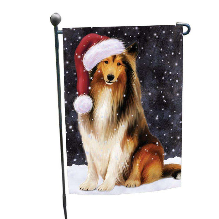 Let it Snow Christmas Holiday Rough Collie Dog Wearing Santa Hat Garden Flag
