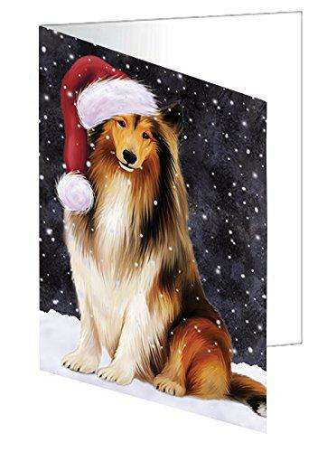 Let it Snow Christmas Holiday Rough Collie Dog Wearing Santa Hat Handmade Artwork Assorted Pets Greeting Cards and Note Cards with Envelopes for All Occasions and Holiday Seasons D341
