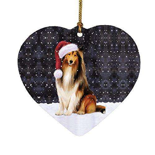 Let it Snow Christmas Holiday Rough Collie Dog Wearing Santa Hat Heart Ornament D235