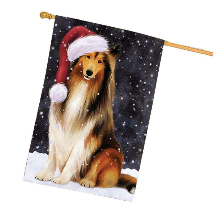 Let it Snow Christmas Holiday Rough Collie Dog Wearing Santa Hat House Flag