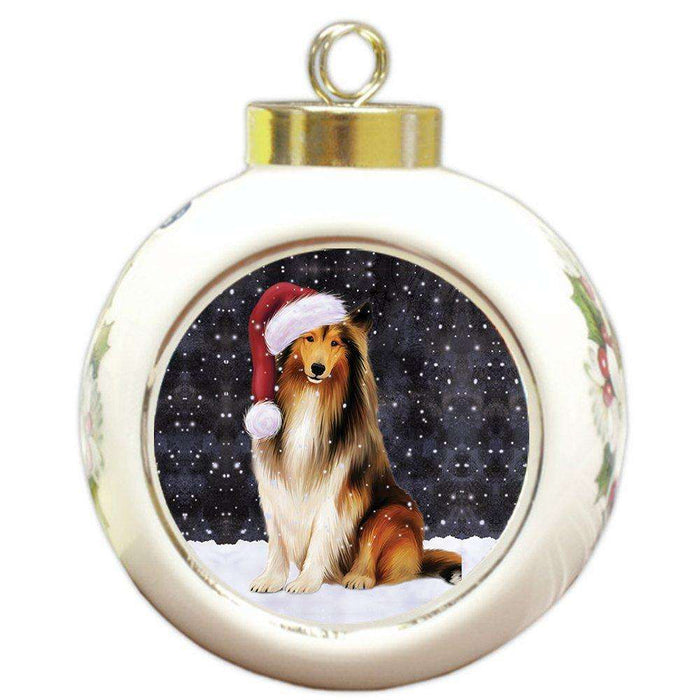 Let it Snow Christmas Holiday Rough Collie Dog Wearing Santa Hat Round Ball Ornament D235