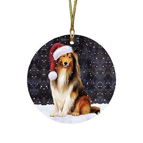 Let it Snow Christmas Holiday Rough Collie Dog Wearing Santa Hat Round Ornament D235