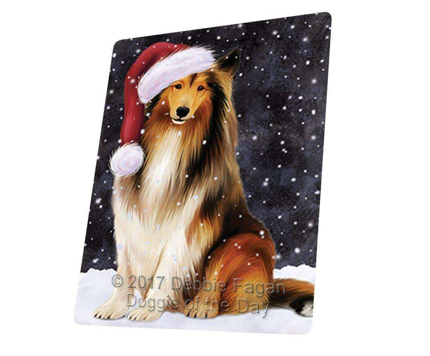 Let it Snow Christmas Holiday Rough Collie Dog Wearing Santa Hat Tempered Cutting Board
