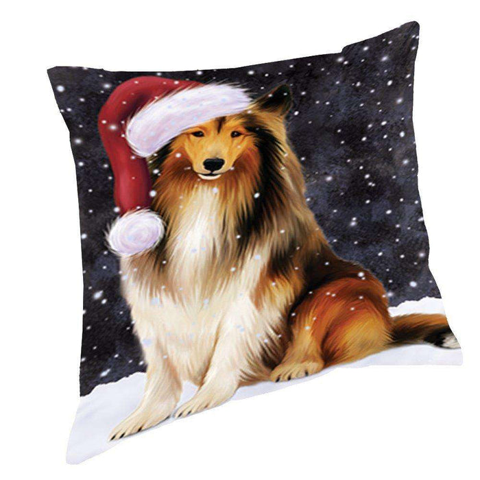 Let it Snow Christmas Holiday Rough Collie Dog Wearing Santa Hat Throw Pillow D393
