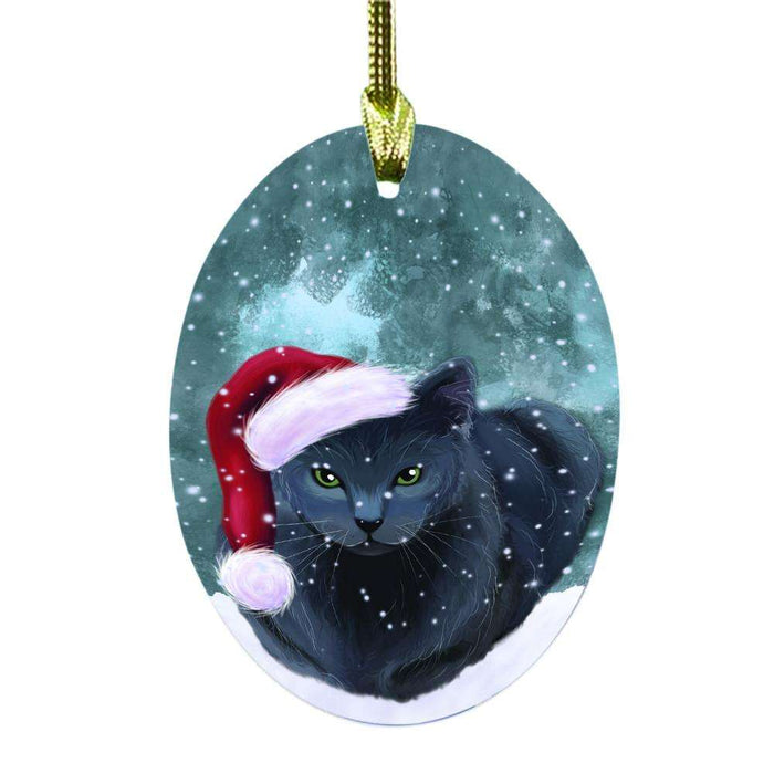 Let it Snow Christmas Holiday Russian Blue Cat Oval Glass Christmas Ornament OGOR48700