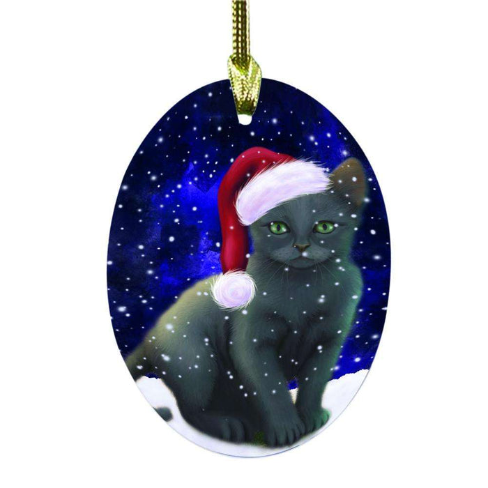 Let it Snow Christmas Holiday Russian Blue Cat Oval Glass Christmas Ornament OGOR48701