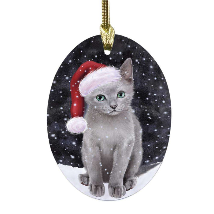 Let it Snow Christmas Holiday Russian Blue Cat Oval Glass Christmas Ornament OGOR48961