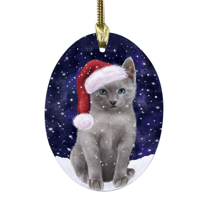 Let it Snow Christmas Holiday Russian Blue Cat Oval Glass Christmas Ornament OGOR48962
