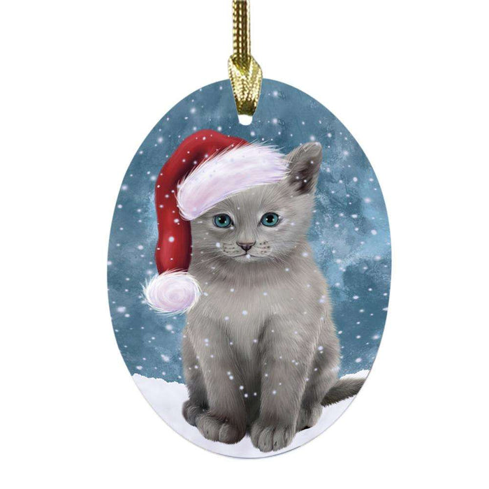 Let it Snow Christmas Holiday Russian Blue Cat Oval Glass Christmas Ornament OGOR48963