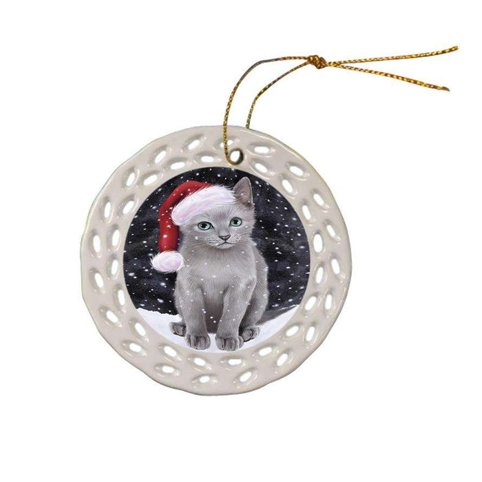 Let it Snow Christmas Holiday Russian Blue Cat Wearing Santa Hat Ceramic Doily Ornament DPOR54320