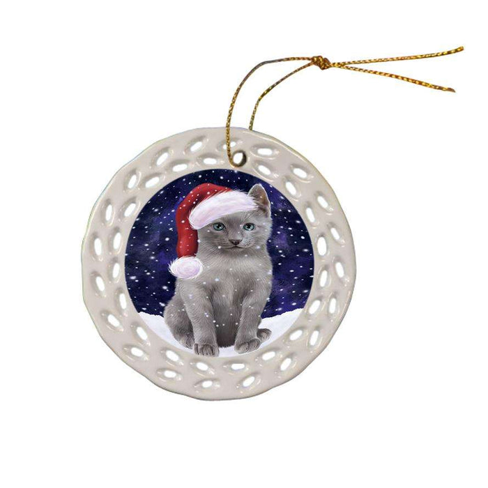 Let it Snow Christmas Holiday Russian Blue Cat Wearing Santa Hat Ceramic Doily Ornament DPOR54321