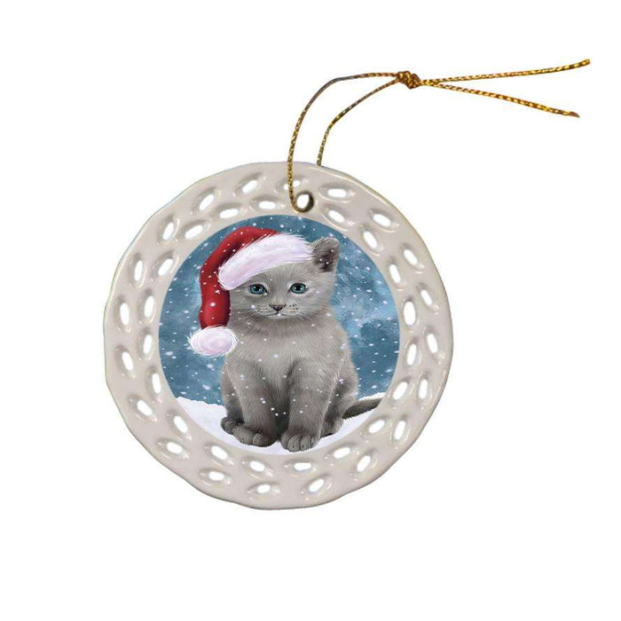Let it Snow Christmas Holiday Russian Blue Cat Wearing Santa Hat Ceramic Doily Ornament DPOR54322