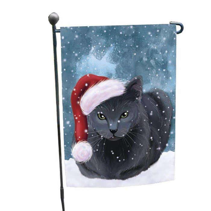 Let it Snow Christmas Holiday Russian Blue Cat Wearing Santa Hat Garden Flag D258