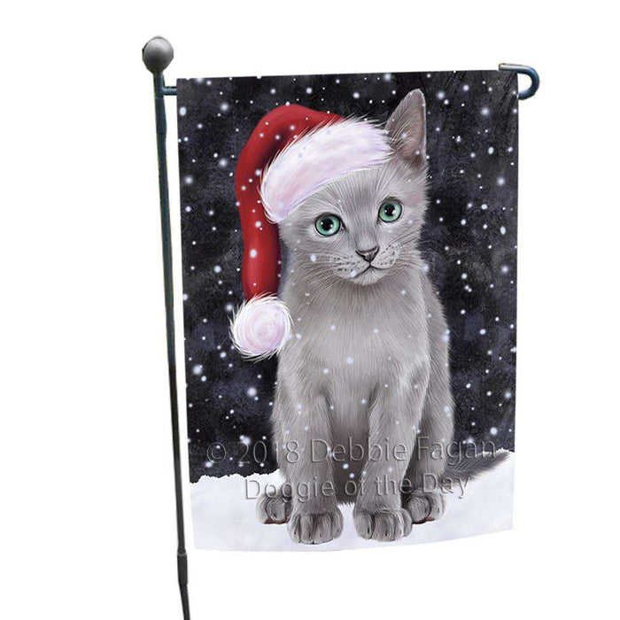 Let it Snow Christmas Holiday Russian Blue Cat Wearing Santa Hat Garden Flag GFLG54382