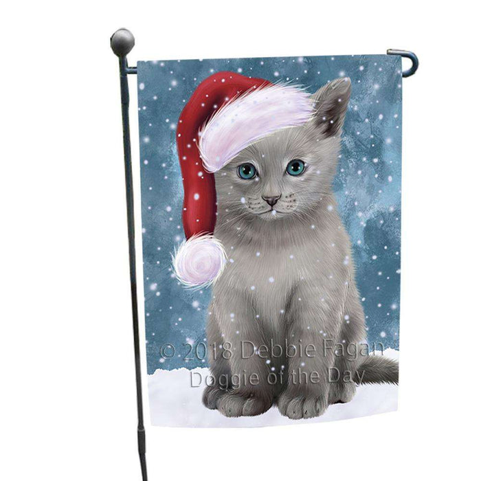 Let it Snow Christmas Holiday Russian Blue Cat Wearing Santa Hat Garden Flag GFLG54384