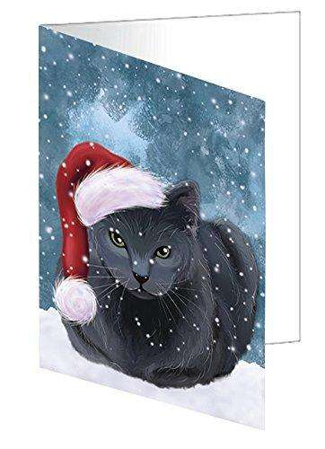 Let it Snow Christmas Holiday Russian Blue Cat Wearing Santa Hat Handmade Artwork Assorted Pets Greeting Cards and Note Cards with Envelopes for All Occasions and Holiday Seasons D449