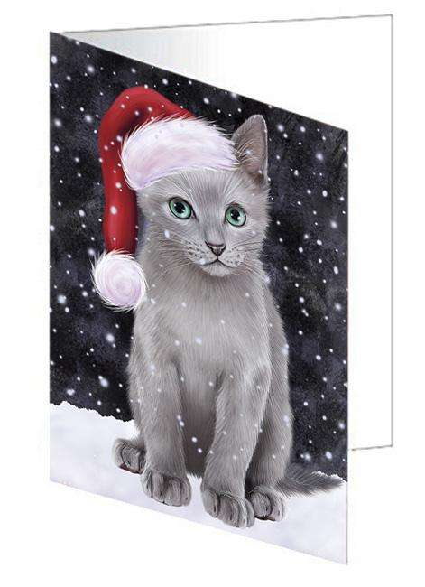 Let it Snow Christmas Holiday Russian Blue Cat Wearing Santa Hat Handmade Artwork Assorted Pets Greeting Cards and Note Cards with Envelopes for All Occasions and Holiday Seasons GCD66989