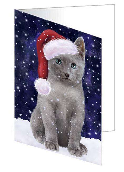Let it Snow Christmas Holiday Russian Blue Cat Wearing Santa Hat Handmade Artwork Assorted Pets Greeting Cards and Note Cards with Envelopes for All Occasions and Holiday Seasons GCD66992