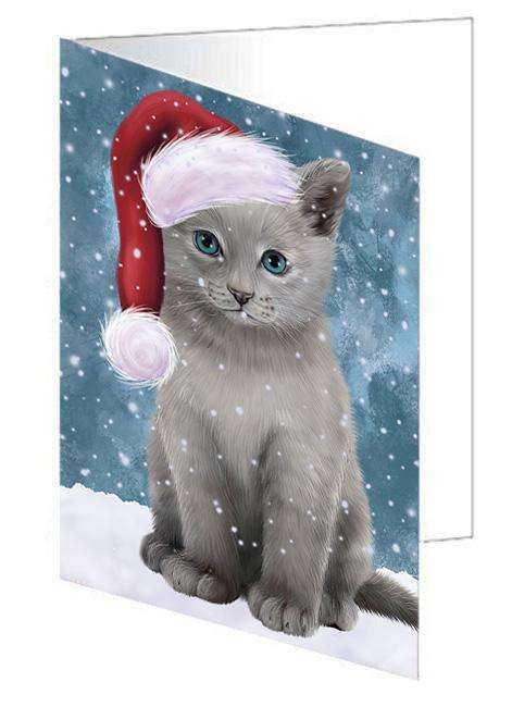 Let it Snow Christmas Holiday Russian Blue Cat Wearing Santa Hat Handmade Artwork Assorted Pets Greeting Cards and Note Cards with Envelopes for All Occasions and Holiday Seasons GCD66995