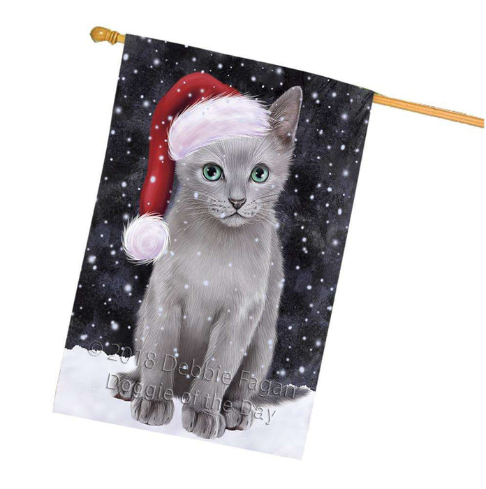 Let it Snow Christmas Holiday Russian Blue Cat Wearing Santa Hat House Flag FLG54518