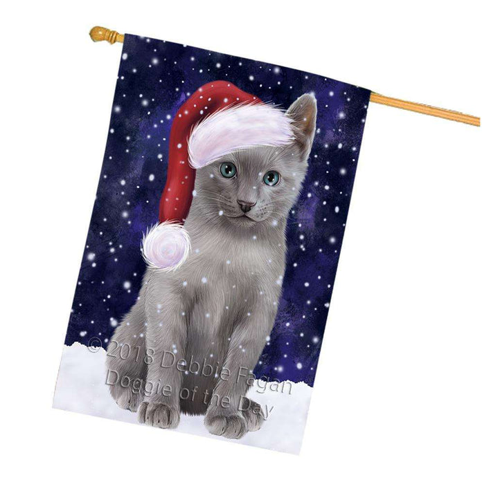 Let it Snow Christmas Holiday Russian Blue Cat Wearing Santa Hat House Flag FLG54519